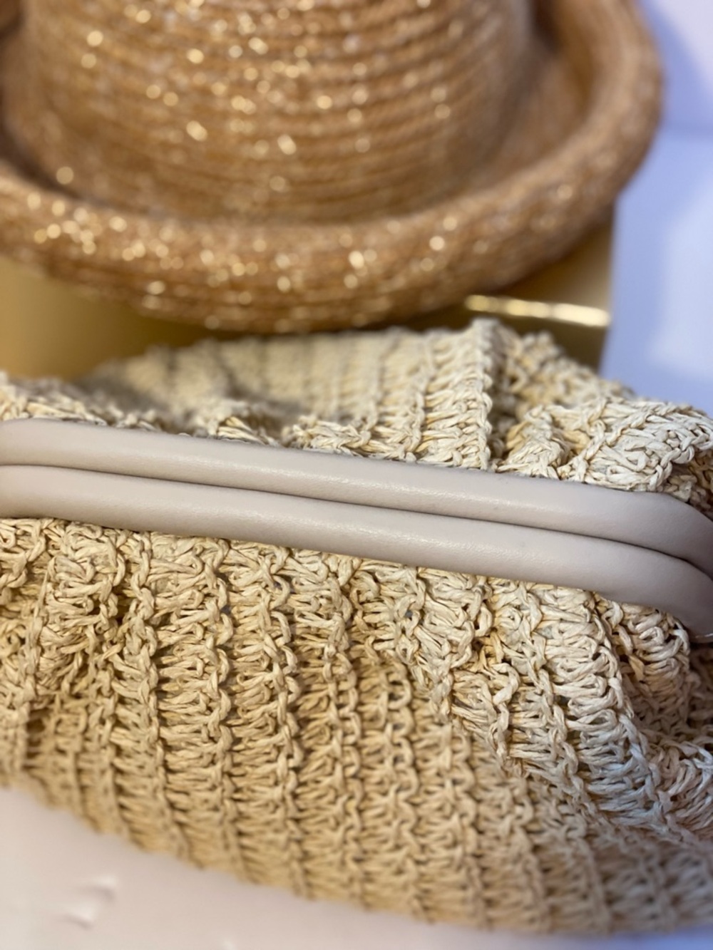 Woven Straw Clutch Bag with Chain Strap and Raffia Bowler Hat With Rolled Brim - Picture 9 of 9